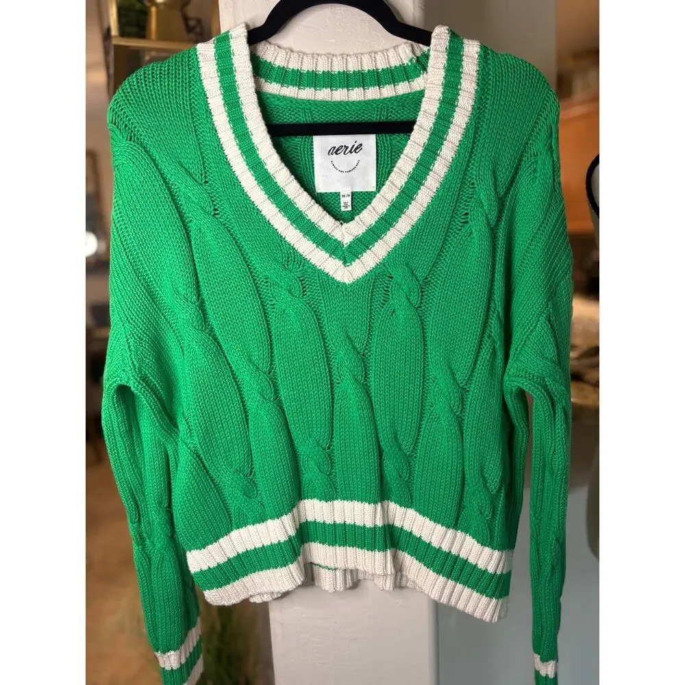 American Eagle Aerie Cropped Cable V-NECK Oversized Sweater Green Size XS 0-4
